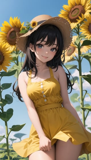 (best quality,masterpiece:1.2),ultra detailed,solo,cute girl,lite smile,sunflower_background