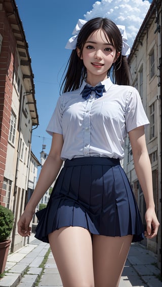 (best quality,masterpiece:1.2),ultra detailed,(photo realistic:1.4),high_school_girl,mini skirt,(bow tie,twin tail hair:1.2),lite smile,from below