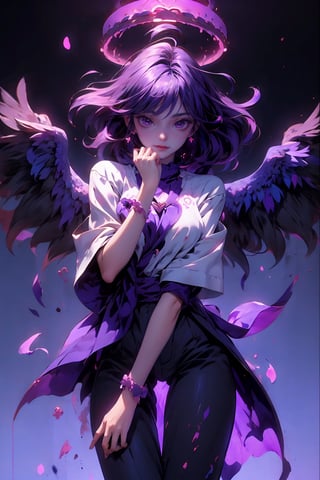 (masterpiece, best quality:1.1), ghibli style, black hair band, solo ,Orgasm,weiboZH,TinkerWaifu, (masterpiece), best quality, perfect face, smile, wavy hair, medium breasts, sad girl looking down at her chest, white sweater, black pants, holding purple heart with both hands in front of here, purple paint splash around heart, purple wings, purple halo over her head, sad tears from her eyes.