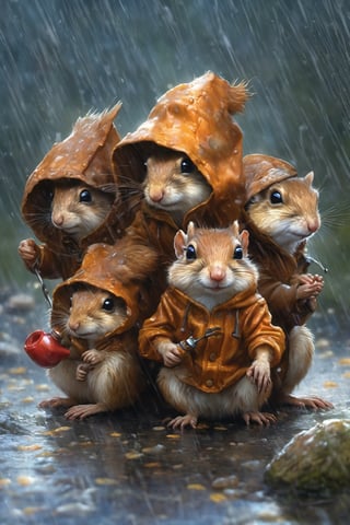 Hyper-detailed  painting, Jean-Baptiste Monge style, a gang of cute little squirels gathered in the rain  under an single hoody, splash, glittering, cute and adorable, filigree, lights, fluffy, magic, surreal, fantasy, digital art, ultra hd, hyper-realistic illustration, vivid colors,  UHD, cinematic perfect light,greg rutkowski