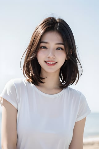 (Masterpiece:1.2, high quality, photorealistic:1.2), (cinematic lighting), 1 girl,upperbody,	best quality, only white color exist ,white color background, black hair, short straight hair, dumpling hair, laughing and chatting, pure skin ,white t-shirt, 15year old korean girl, good hands,  look at viewer