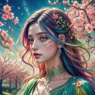 a colorful digital artwork of a woman's head decorated by tree's branches and leaves, in the style of magic in spring theme, flower blooming everywhere, multi color flower, small flower petals in the air, graceful surrealism, depictions of urban life, (bright sky-blue and green), portraitures with hidden meanings, caricature-like illustrations, metropolis meets nature ,midjourney, double exposure,1 girl,High detailed ,(spring),(colorful),(vibrant color),EpicSky,no_humans