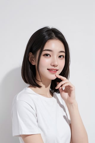 (Masterpiece:1.2, high quality, photorealistic:1.2), (cinematic lighting), 1 girl,upperbody,	best quality, only white color exist ,white color background, black hair, short straight hair, dumpling hair, laughing and chatting, pure skin ,white t-shirt, 15year old korean girl, good hands,  look at viewer