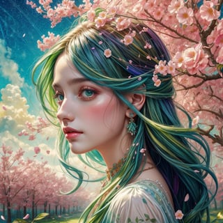 a colorful digital artwork of a woman's head decorated by tree's branches and leaves, in the style of magic in spring theme, flower blooming everywhere, multi color flower, small flower petals in the air, graceful surrealism, depictions of urban life, (bright sky-blue and green), portraitures with hidden meanings, caricature-like illustrations, metropolis meets nature ,midjourney, double exposure,1 girl,High detailed ,(spring),(colorful),(vibrant color),EpicSky,no_humans