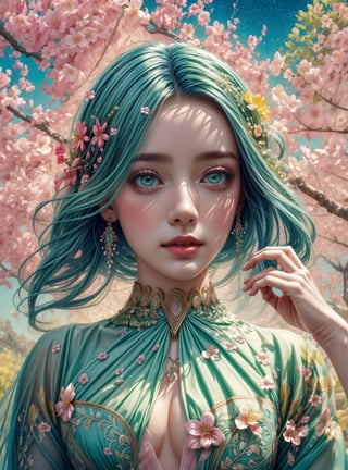 a colorful digital artwork of a woman's head decorated by tree's branches and leaves, in the style of magic in spring theme, flower blooming everywhere, multi color flower, small flower petals in the air, graceful surrealism, depictions of urban life, (bright sky-blue and green), portraitures with hidden meanings, caricature-like illustrations, metropolis meets nature ,midjourney, double exposure,1 girl,High detailed ,(spring),(colorful),(vibrant color),EpicSky,no_humans