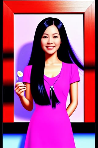 a very cute Asian girl, with a long, straight black hair and a sweet smile, holding a blank Victorian painting frame in front of her face.  Wearing a pink mini dress. cinematic light., hyper realism,High detailed ,Color magic,Extremely Realistic,<lora:659111690174031528:1.0>,<lora:659111690174031528:1.0>