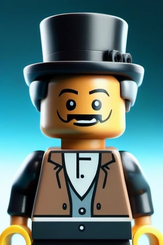 A lego figure of a steampunk man, with a black goatee and white hair, with an evil smile, wearing a black suit, a top hat, and goggles. 