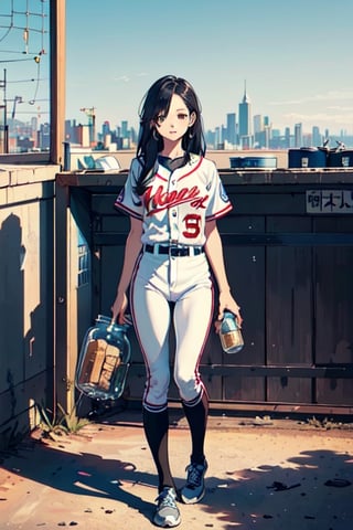 Highly detailed, High Quality, Masterpiece, beautiful. A cute Korean girl, long black straight hair, distracted look, wearing a baseball uniform, standing inside a big jar. high detail, hyper realism. full body. medium distance. City background,JAR, Girl inside bottle.,BOTTLE,gib\(concept\)