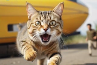 A cute, yellow striped cat, with a very scared face and a fish in its mouth, running from a man chasing it. Hyper realism, frontal perspective, speed blur. funny.