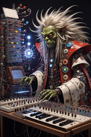 chiaroscuro air brush fantasy hyper realistic photograph of a majestic goblin king patching a Buchla 200e modular synthesizer powered by tesla coils toads, frogs, ryuta ueda artwork, breakcore, style of jet set radio, y 2 k, gloom, space, cel - shaded art style, indigo rainbow, data, minimal, takashi murakami artwork, code, cybernetic, dark, eerie, cyber