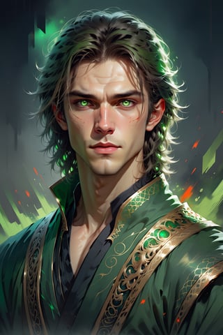 fine, (Best Illustration), in 8k resolution, intriciate detail, Best Quality, realisitic, The ultra-detailliert, Best lighting, best shadows, ultra-HD, ((((handsome young man))), ((teenage :1.5)), (glowing red eyes), (luminous eyes), ((((Long black hair: 1.1))), ((dark green clothing)), (Prince (Indifferent expressions), , (((Dressed in a luxurious green robe with high details,))),, Starry night sky, Falling meteors, elf ears, ((Fair skin)), It has dragon horns on its forehead, It is surrounded by giant dragons professional portrait , abstract beauty, approaching perfection, delicate face, dynamic,white hair, moonlight, highly detailed, digital painting, artstation, concept art, smooth, sharp focus, illustration, art by Carne Griffiths and Wadim Kashin