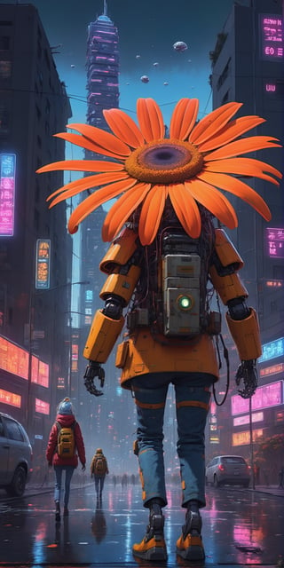 giant daisy flower head, woman walking in a modern city, surreal photography, night, neon light, impressionist painting, digital painting, artstation, simon stalenhag mecha robo soldier character, anthropomorphic figure, wearing futuristic mecha soldier armor and weapons, reflection mapping, realistic figure, hyperdetailed, cinematic lighting photography, 32k uhd