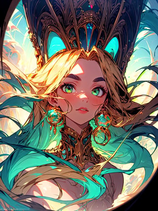 artstation, intricate details, portrait by sandro botticelli, gaston bussiere, h. r. giger, inanna ashteroth, egyptian facial features, brown caramel skin, thick beautiful eyebrows, techno mystic, intergalactica, hazel green eyes, with bright neon aqua rapunzel dreadlocks, full body portrait, haute couture, alchemy, futurisma kim basinger as galadriel