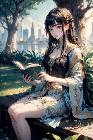 Masterpiece,young stunning girl,high quality, sitting under the tree, reading,black eyes, black hair