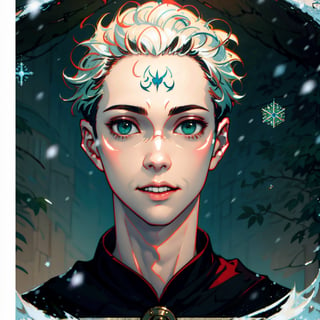 Handsome man with short white hair, pale skin and green eyes, wearing detailed medieval clothes, snowing, snowing, oil painting, strokes, softness, expressive eyes, cinematic light, an Art Nouveau tarot card, art by WLOP, Sam Guay, Abigail Larson