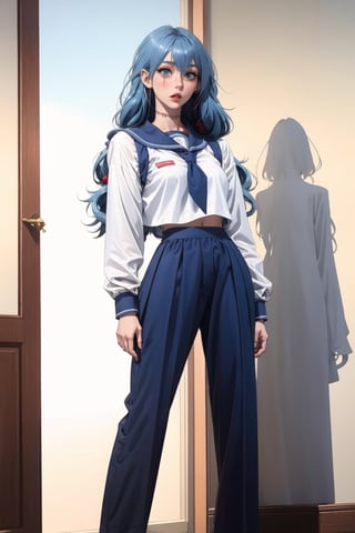 LIGHT BLUE HAIR, LONG HAIR, STITCHES, STITCHED BODY, SCHOOLGIRL UNIFORM, HETEROCHROMIA, Female version of Mahito, full-body_portrait, standing,light blue hair,long hair,ZGirl