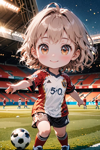 masterpiece, high quality animetion photo ,(HDR:1.2), pore and detailed, intricate detailed, graceful and beautiful textures, RAW photo, 16K, vibrant color, cinematic lighting, warm tone, (bokeh:1.1), (Chibi character theme:1.2), on the soccer field, ((5yo cute-girl), large eyes, light-brown short hair, smiling, large eyes, wearing soccer uniform,action pose,chibi emote style, (masterpiece:1.2)