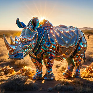 Shot of a majestic rhinoceros standing majestically in a sun-drenched savannah landscape. Cinematic lighting casts a warm glow, highlighting intricate textures and pores as if illuminated by a thousand tiny jewels. The camera captures the full body of the magnificent creature, adorned with sparkling gems that refract the light, creating a masterpiece of high-quality realism. In stunning 16K resolution, ever