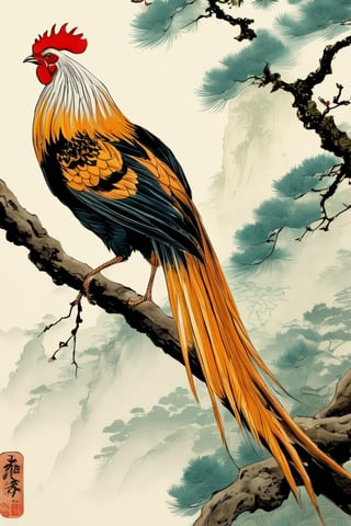 very-long-tailed chicken,
perched on a tree-branch, black eyes, detailed foot, high-detailed,  japanese art,Digital painting ,ukiyo_e,more detail XL