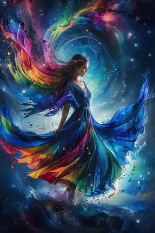 masterpiece, high quality realistic, realistic aesthetic photo, sharp forcus, vibrant colors, galaxy of background, (full body shot), rainbow-color, elegance, passion, beautiful girl, long dress, wind, dancing, DonMF41ryW1ng5XL,ink,DonMM1y4XL