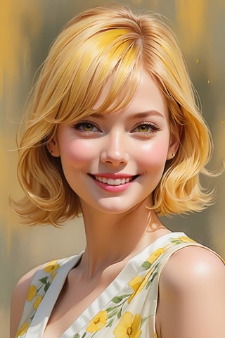 masterpiece, high quality realistic, (pencil-sketch), pastel art style, thin line:1.5, (painting based on yellow), simple background, cool woman, beautiful face, yellowshorthair, light-smile, dress,more detail XL