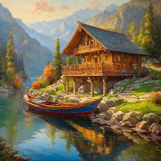 masterpiece, high quality animation, (oil painting art),pore and detailed, intricate detailed, wooden boat-house near a lake deep in the mountains,