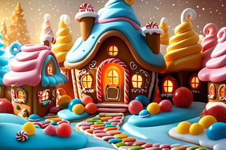 masterpiece, high quality animation, aesthetic photo ,(HDR:1.4), pore and detailed, intricate detailed, graceful and beautiful textures, RAW photo, 16K, warm tone, sharp, (gingerbread-house:1.4), confectionery,  scattered gummies,, in the snow, cookie outer wall, cookie roof with fresh-cream, candy tree, colorful,more detail XL,kid_backdrop