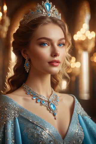 masterpiece, high quality realistic, aesthetic photo, pore and detailed, intricate detailed, graceful and beautiful textures, RAW photo, 16K, warm tone, cinematic lighting, castle throne room, russian nobility girl, elegant, beautiful face, cool smile, smooth fair skin, detailed light blue eyes, eye shadow, juicy lips, open chest dress studded with diamond,glitter,Expressiveh