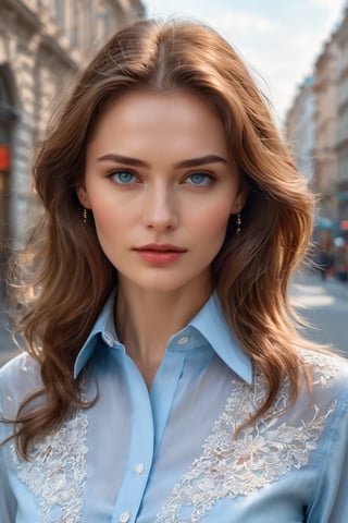 masterpiece, high quality realistic, aesthetic photo, pore and detailed, intricate detailed, graceful and beautiful textures, RAW photo, 16K, head to waist photo, cinamatic lighting, in the city, beautiful russian actress, beautiful face, light brown medium hair, light-blue eyes, smooth fair skin, open chest collared shirt, 