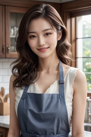 masterpiece, high quality realistic, aesthetic photo, pore and detailed, intricate detailed, graceful and beautiful textures, RAW photo, 16K, (bust up shot),  lighting, in the mansion kitchen, beautiful japanese woman, cute face, light smile, dark brown medium wavy hair, natural lips, check pattern apron over casual shirt,