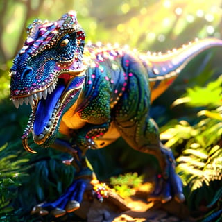 masterpiece, high quality realistic, aesthetic photo, pore and detailed, intricate detailed, graceful and beautiful textures, RAW photo, 16K, cinamatic lighting,in the dense Jungle, (full body), standing large Tyrannosaurus, sharp gaze, Ferocious, fighting pose, open mouth, sharp fangs, very short arms, sharp nails, ((scale set with small-jewel-rhinestone:1.3)),