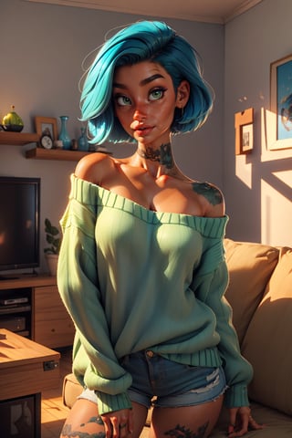 Style: disney, (pixar), 3d, cartoon, realistic, realism, (epic:1.2), trending on artstation, (high quality:1.2), (masterpiece:1.2) , (8k resolution) , high details, incredibly absurdres, color connection, colorized, colorful, sexy, nsfw, seductive),
(1girl mid twenty, latina face, freckles, (blue short hair), shaved sides, medium breasts, tattooed,  sw3ater, (green sweater:1.22), off-shoulder sweater, fuzzy sweater,
(Backround: cozy, wholsome, warm, living room)
