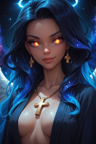 score_9, score_8_up, score_7_up, score_6_up, score_5_up, score_4_up, 1girl, white angel wings, solo, cosmic fire, koling, human face, cosmic, half open eyes, glowing eyes, magic eyes, glowing chest, cosmic body, very cosmic hair, wizard robe, golden cross on chest, evil smirk