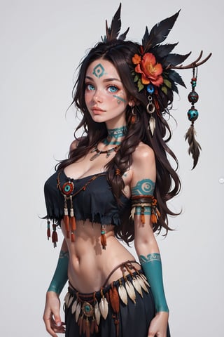 Create a hyper realistic portrait image of a shaman girl, with tribal tags, long hair, beautiful eyes, black neck,   loli,Futanari, , score_6_up