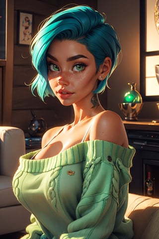 Style: disney, (pixar), 3d, cartoon, realistic, realism, (epic:1.2), trending on artstation, (high quality:1.2), (masterpiece:1.2) , (8k resolution) , high details, incredibly absurdres, color connection, colorized, colorful, sexy, nsfw, seductive),
(1girl mid twenty, latina face, freckles, (blue short hair), shaved sides, medium breasts, tattooed,  sw3ater, (green sweater:1.22), off-shoulder sweater, fuzzy sweater,
(Backround: cozy, wholsome, warm, living room)
,realistic illumination