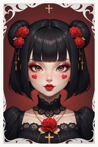 dal-1, 1girl, solo, looking at viewer, short hair, black hair, hair ornament, dress, closed mouth, jewelry, twintails, brown eyes, upper body, flower, heart, frills, parted lips, blunt bangs, hair flower, necklace, hair bun, black dress, eyelashes, clothing cutout, tattoo, double bun, makeup, border, rose, facial mark, portrait, cross, red flower, white border, red background, lace, red rose, red lips, red theme, heart tattoo, heart facial mark
,CONCEPT_irezumi_YakuzaTattoo_ownwaifu,score_9