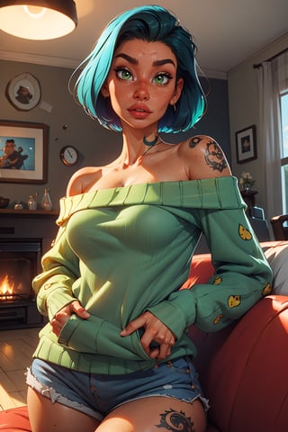 Style: disney, (pixar), 3d, cartoon, realistic, realism, (epic:1.2), trending on artstation, (high quality:1.2), (masterpiece:1.2) , (8k resolution) , high details, incredibly absurdres, color connection, colorized, colorful, sexy, nsfw, seductive),
(1girl mid twenty, latina face, freckles, (blue short hair), shaved sides, medium breasts, tattooed,  sw3ater, (green sweater:1.22), off-shoulder sweater, fuzzy sweater,
(Backround: cozy, wholsome, warm, living room)
