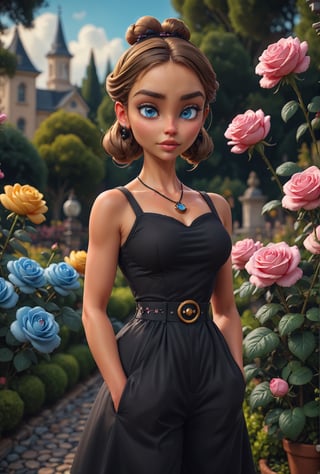 cinematic film still adult woman, beautiful, american,  honey double bun hair,  blue eyes, wearing black dress, dr3ss, wearing  (applique), (pants), , high quality, best quality, highres, 8k, rim lighting, outdoors, rose garden backdrop, necklace, hat . shallow depth of field, vignette, highly detailed, high budget, bokeh, cinemascope, moody, epic, gorgeous, film grain, grainy