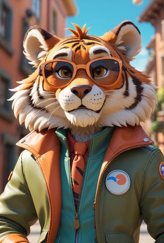 (dynamic pose:1.2),(dynamic camera),disney cartoon network a tiger wearing sunglasses and a jacket, fur, high detail iconic character, googles, fursona wearing stylish clothes, close up character, super cool rocket, nick wilde