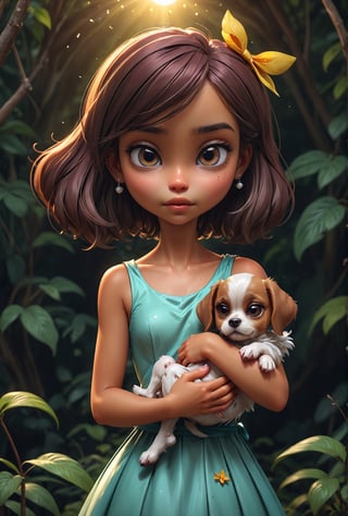 (best quality,Altas:1.2),fotorrealista,anime,princesa,garota,vestido branco,pequeno,可爱,cartoon dog,(Lowered girl holding a small injured bird)nas maosRio Claro,Floresta,luz solar,contato visual