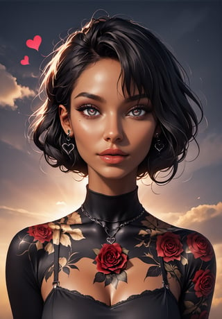 gothic, 1girl, roses, tattoo, surrounded by many black heart clouds, romantic, dark sky (best quality), (masterpiece), (best lighting), (high detailed skin:1.0),( detailed eyes), 8k uhd, dslr, soft lighting, best quality, film grain, Fujifilm XT3,