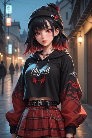 score_9,source_anime,glowing,depth of field, medium hair,black hair,gradient hair,bangs,red eyes,breasts,light blush,shiny skin,black nails, beanie,hoodie,plaid skirt,belt,hip chain,fishnets,piercing,tattoo,hair ornament,