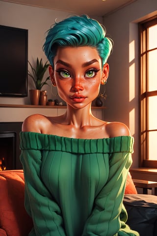 Style: disney, (pixar), 3d, cartoon, realistic, realism, (epic:1.2), trending on artstation, (high quality:1.2), (masterpiece:1.2) , (8k resolution) , high details, incredibly absurdres, color connection, colorized, colorful, sexy, nsfw, seductive),
(1girl mid twenty, latina face, freckles, (blue short hair), shaved sides, medium breasts, tattooed,  sw3ater, (green sweater:1.22), off-shoulder sweater, fuzzy sweater,
(Backround: cozy, wholsome, warm, living room)
