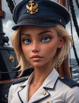 best quality, masterpiece, photorealistic, ultrarealistic, professional photograph shot on Canon EOS R6, 80mm, 1girl, (moody lighting:0.8),  (beautiful 24 yo swedish girl:1.05), admiral, standing on a ship deck, sailing the seas, solo, detailed eyes, sad face, beautiful, looking at viewer, embarrassed, water, confident pose, stormy sea, storm, wind, (dark theme:1.15), large breasts, perfect curves BREAK (short blonde hair, laced hair:1.2) BREAK white parade pants, blue admiral uniform, blue parade uniform, admiral hat   