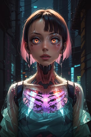 score_9, score_8, score_7, score_6, masterpiece, extremely detailed, source_anime, 1girl, solo, cyberpunk, s33thru, transparent, cyborg, knva, vivid, see-through body, transparent body, skeleton, goo, translucent, neon, city, detailed background, bokeh, creepy, manga, vintage, see-through, facing front, upper body, internal organs,