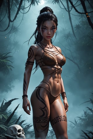 3D anime-style, Amazoness warrior with skeletal makeup, very tall and muscular, tribal tattoo, stunning beauty, high detail, dynamic composition, intricate textures, regal pose, dark surrounding, low light, nighttime setting, realistic shadows, ethereal, strong and graceful, wearing skeletal armor, jungle background, confident and majestic, ultra-quality, expressive eyes, detailed skeletal makeup, moonlight, thick fog, light particles shining from the moonlight