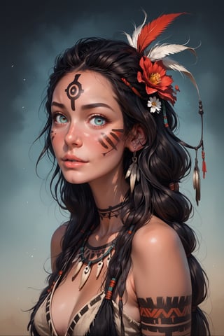 Create a hyper realistic portrait image of a shaman girl, with tribal tags, long hair, beautiful eyes, black neck,   loli,Futanari, , score_6_up