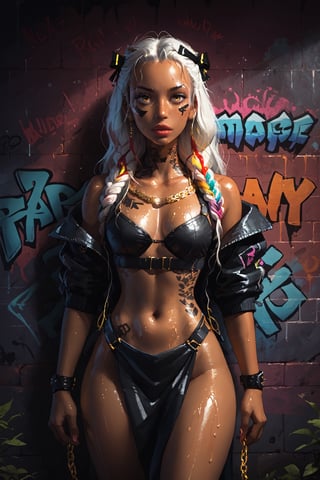 (masterpiece), best quality, ultra high res, ((very close up face portrait)), skinny girl, long hair, (((graffiti wall background))), colorful lights, photon mapping, radiosity, physically-based rendering, cinematic lighting, intricate, High Detail, Sharp focus, dramatic, photorealistic, detailed eyes, more art, ((wet skin)), more slim, more tan, white hair color, black ink swag tattoos, oil paint splash style, (bandit style), cyberpunk accessories, metal accessories, big lips, more wet, more accessories, more long hair, big freckles, big braids, more tattoos,  golden chains, straps, more brilliants, (more piercing), ((((patches on clothes)))), (((colorful calligraphy ribbons and bows in cloth and in hair))), ((europian tan skin)),(((swag style))), (((fisheye:1))), (((cinematic light))), , ((more swag tattoos on skin)), , (((more little girl))), back pose,, (amazing gigant long hair:1.4), 