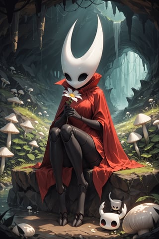 score_9, score_8_up, score_7_up, inside, cave, mushroom, rock, solo BREAK
hornet \(hollow knight\), arthropod, exoskeleton, black body, white mask, empty eyes, red cloak, sitting, digitigrade, holding flower, white flower, featureless feet, 2 toes