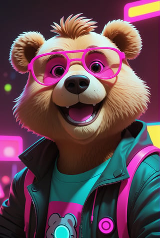 cyberpunk, line art, cartoon style, a mr.bears , disney cartoon network, pink glasses, smile, at a rave party, neon, cartoon network character, comic painting, bold lines,  